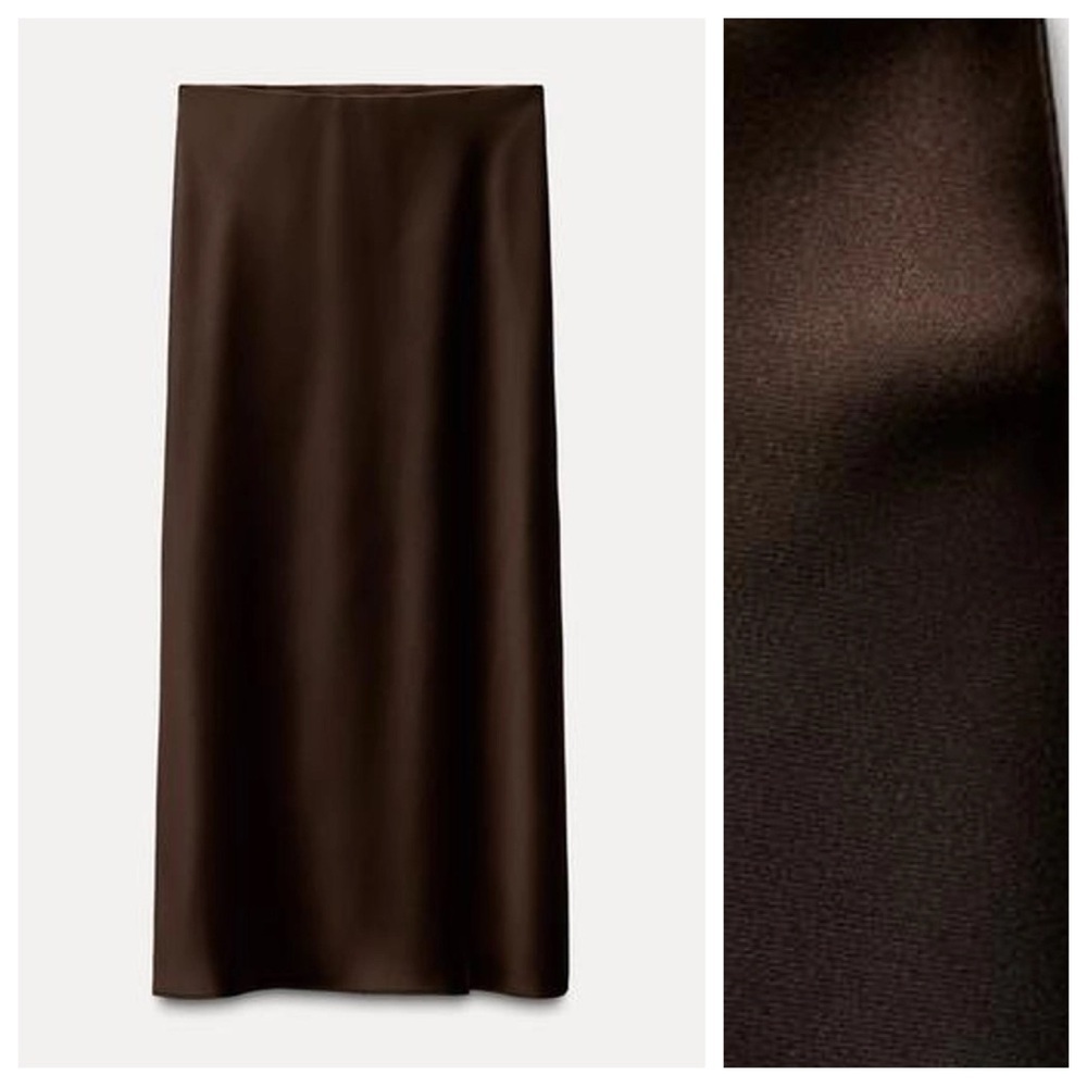 NWT. Zara Dark Brown Satin Effect High Waisted Midi Skirt. Size XL. - Picture 3 of 7